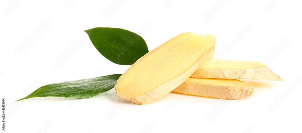 Wall mural slices of fresh ginger on white background