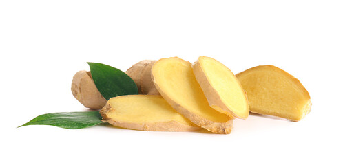 Slices of fresh ginger on white background