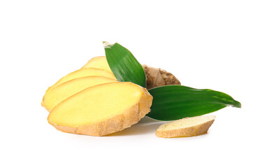 Slices of fresh ginger on white background