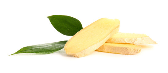 Slices of fresh ginger on white background