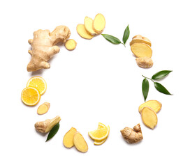Frame made of fresh ginger and lemon on white background