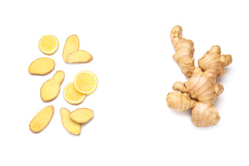 Fresh ginger with lemon on white background