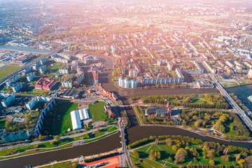 Aerial view cityscape Kaliningrad Russia with Fishermen Village and Konigsberg Cathedral Kant