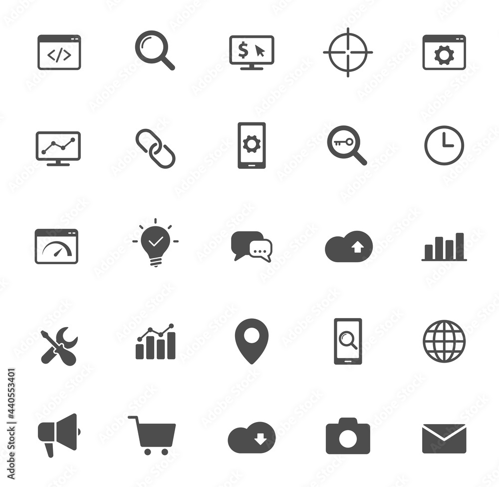 Poster seo silhouette vector icons isolated on white. search engine optimization icon set for web, mobile a