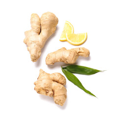 Fresh ginger with lemon on white background
