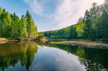 Fototapeta na wymiar Spring morning landscape of the river bank with forest, blue sky, reflection, in calm water.