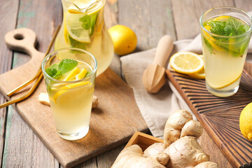Cold ginger lemonade on table