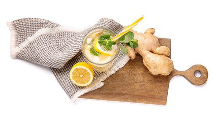 Glass of cold ginger lemonade on white background