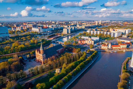 Aerial view Kaliningrad Russia, Fishing Village and cathedral on island of Kant, summer blue sky