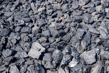 Closeup black coal background, open pit mining