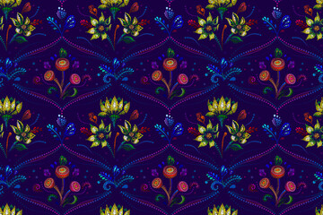 Bright flowers in a mosaic style on a dark purple background. Seamles elegant print for wallpaper, fabric, gift wrapping.