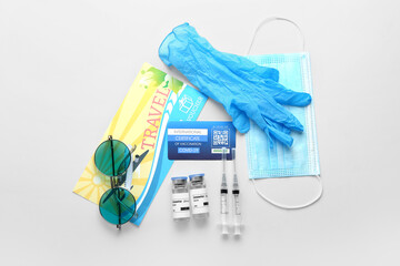 Covid-19 vaccine, travel voucher, medical mask, gloves and International Certificate of Vaccination...
