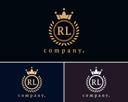 Letter RL, R or, L laurel wreath template logo with a crown. A beautiful symbol for emblem, logo, card, badge, antique, restaurant, cafe, boutique, hotel, heraldic, jewelry, product, or company name.