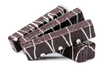 Crunchy chocolate wafers isolated on white background