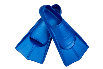 Fins are isolated on a white background. Flippers. Open toe and closed heel for professional swimming and training. Shortened blue flippers - obrazy, fototapety, plakaty