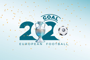 European football cup 2020. Realistic ball and victory cup graphic design on blue background with spots. Goal background gradient. Vector illustration. Isolated on white background. - obrazy, fototapety, plakaty