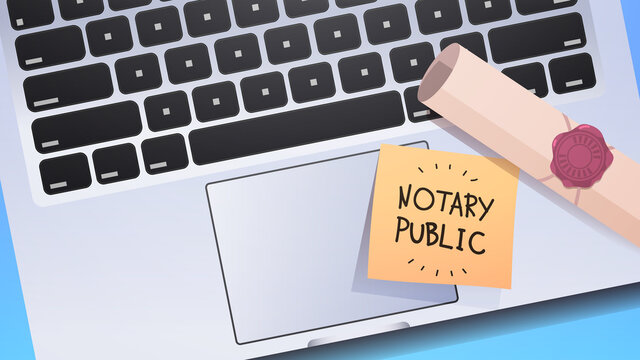 Notary Public Written On Sticky Note On Laptop Keyboard Signing And Legalization Documents Top Angle View