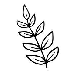 Branch with leaves. Hand drawn black doodle outline silhouette of plant twig. Stock vector minimal illustration isolated on white background.
