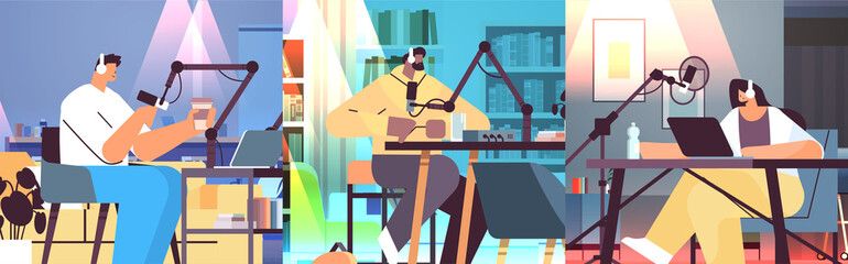 sset mix race podcasters talking to microphones recording video blog in studio podcasting online radio broadcasting