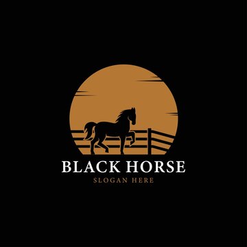 Black horse silhouette logo on sunset or moon background