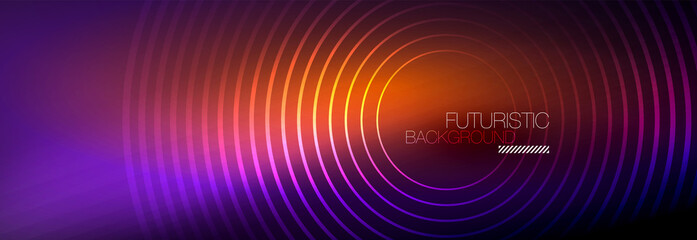 Dark abstract background with glowing neon circles. Trendy layout template for business or technology presentation, internet poster or web brochure cover, wallpaper