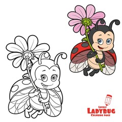 Fototapeta premium Cute cartoon ladybug fly with big flower color variation for coloring page isolated on white background