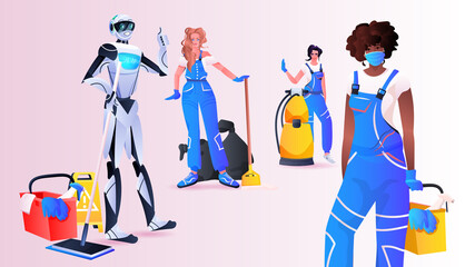 robotic janitor with mix race women cleaners standing together cleaning service artificial intelligence technology