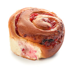 Delicious bun with jam on white background