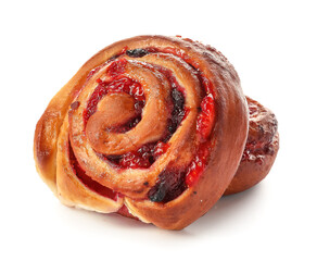 Fototapeta premium Delicious bun with jam on white background