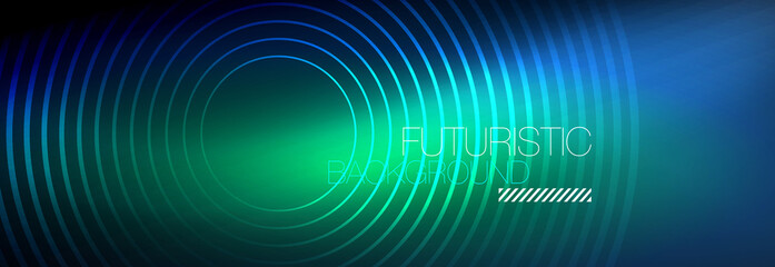 Dark abstract background with glowing neon circles. Trendy layout template for business or technology presentation, internet poster or web brochure cover, wallpaper