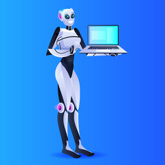 female robotic person using laptop artificial intelligence technology concept