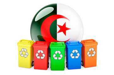 Waste recycling in Algeria. Colored recycling bins with Algerian flag, 3D rendering