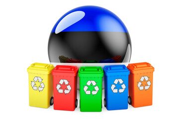 Waste recycling in Estonia. Colored recycling bins with Estonian flag, 3D rendering