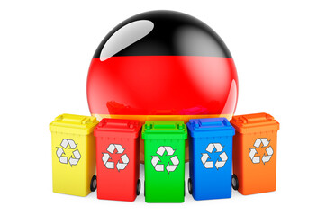 Waste recycling in Germany. Colored recycling bins with German flag, 3D rendering