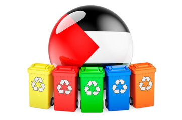 Waste recycling in Palestine. Colored recycling bins with Palestinian flag, 3D rendering