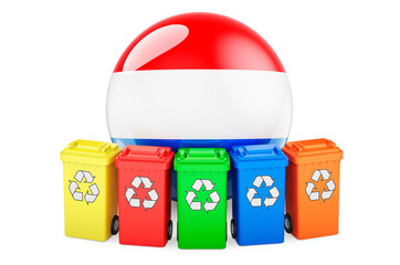 Waste recycling in Luxembourg. Colored recycling bins with Luxembourgish flag, 3D rendering