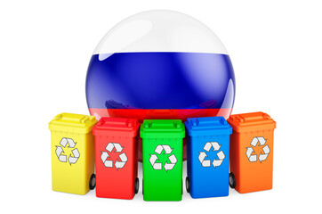 Waste recycling in Russia. Colored recycling bins with Russian flag, 3D rendering