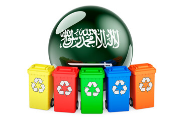 Waste recycling in Saudi Arabia. Colored recycling bins with Saudi Arabian flag, 3D rendering
