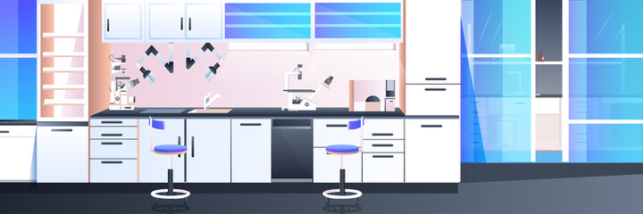 empty no people chemical research laboratory with different equipment scientist workplace science education concept