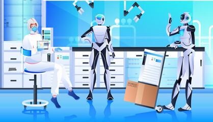 robots with scientist in protective suit making experiments in lab genetic engineering artificial intelligence concept