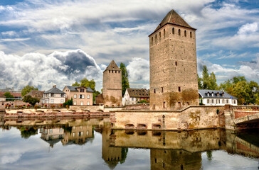 Fototapeta na wymiar view on Petite-France - towers and bridge in Strasbourg city, France