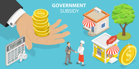 3D Isometric Flat Vector Conceptual Illustration of Government Subsidy, Local Business Support