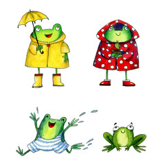 set of watercolor elements - cartoon frogs in raincoats on a white background.
stylized illustrations for stickers, posters and decor.