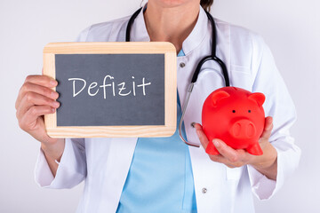 Ärztin mit einem Sparschwein und einer Tafel auf der Defizit steht