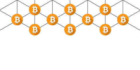 Bitcoin network, transaction and connection concept. Banner, vector illustration with copy space.