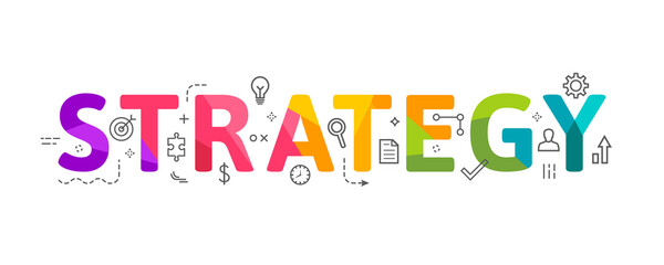 Strategy concept, word lettering typography in colorful low poly design with related thin line icons. Letters, icon set, design elements, banner.