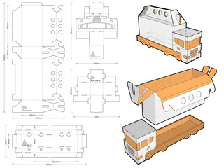 Truck-Shape box with handle and Die-cut Pattern. The .eps file is full scale and fully functional. Prepared for real cardboard production.