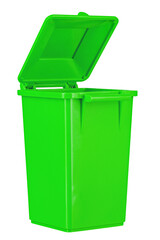 Waste bin with open lid in green, isolated in white. Garbage recycling concept.