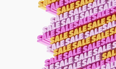 3D Sale Background. Abstract typographic 3D lettering backdrop with white place for text. Modern bright trendy word pattern in yellow, pink and orange. Contemporary cover, backdrop and flyers