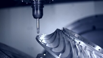 CNC turning drill milling factory processes steel turbine part process. Metal machine tools industry. - Powered by Adobe